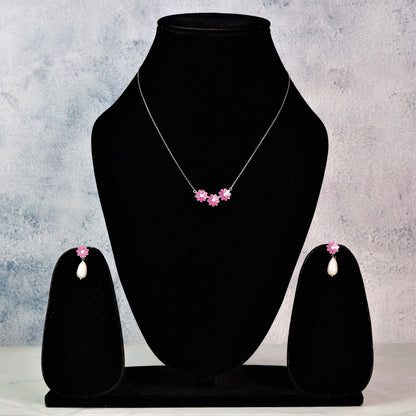 Pink Flower Pendant with Pearl Drop Earrings