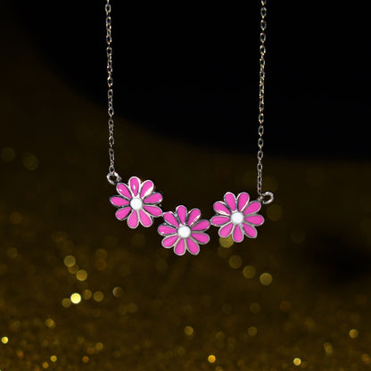 Pink Flower Pendant with Pearl Drop Earrings